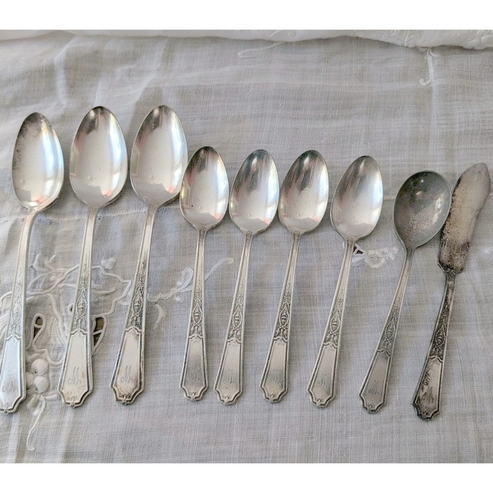 1847 ROGERS BROS Ancestral Silverplate Flatware 8 Spoons 1 Butter Monogram W/M